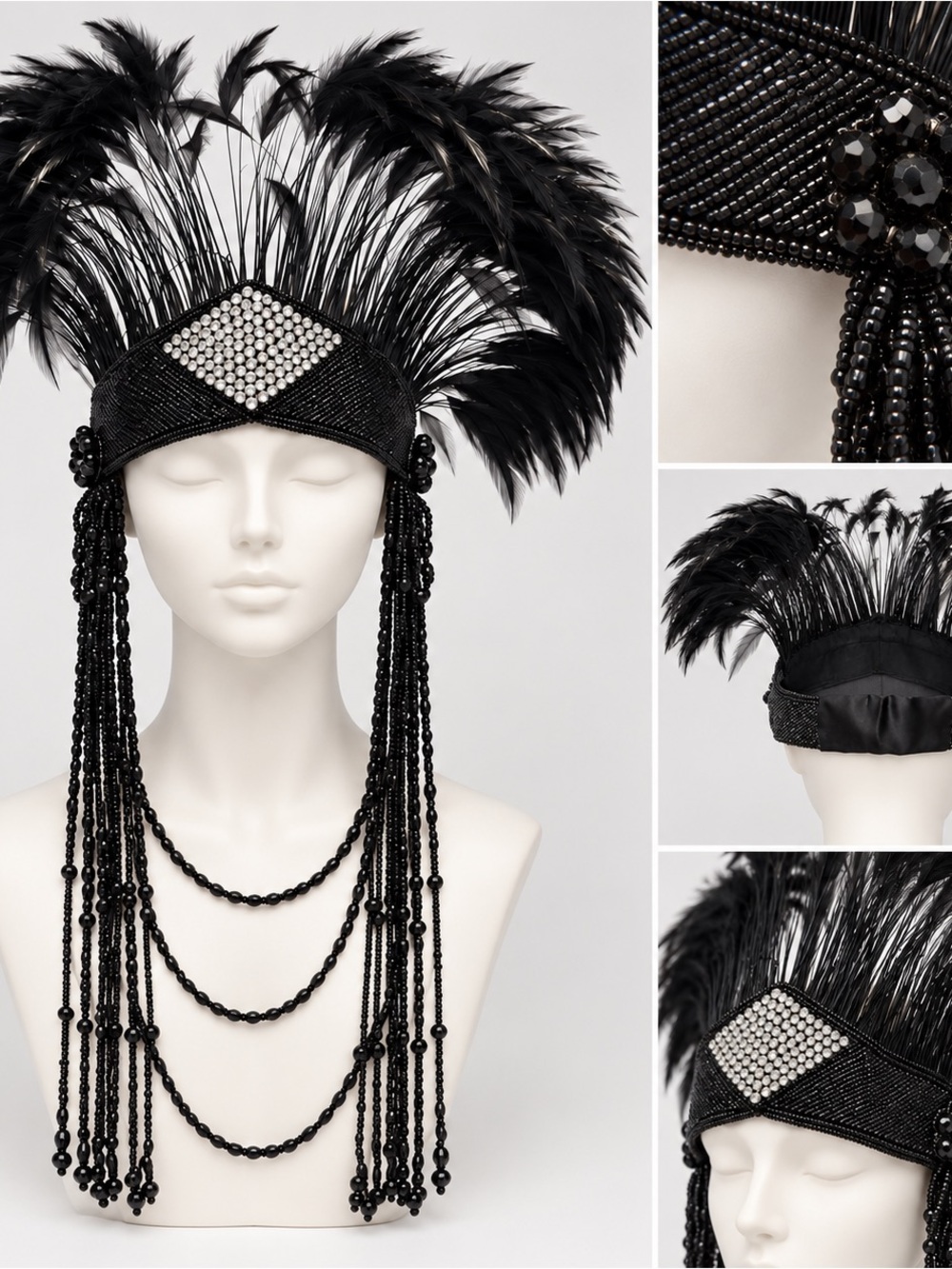 Black Feathered Beaded Flapper Headpiece
